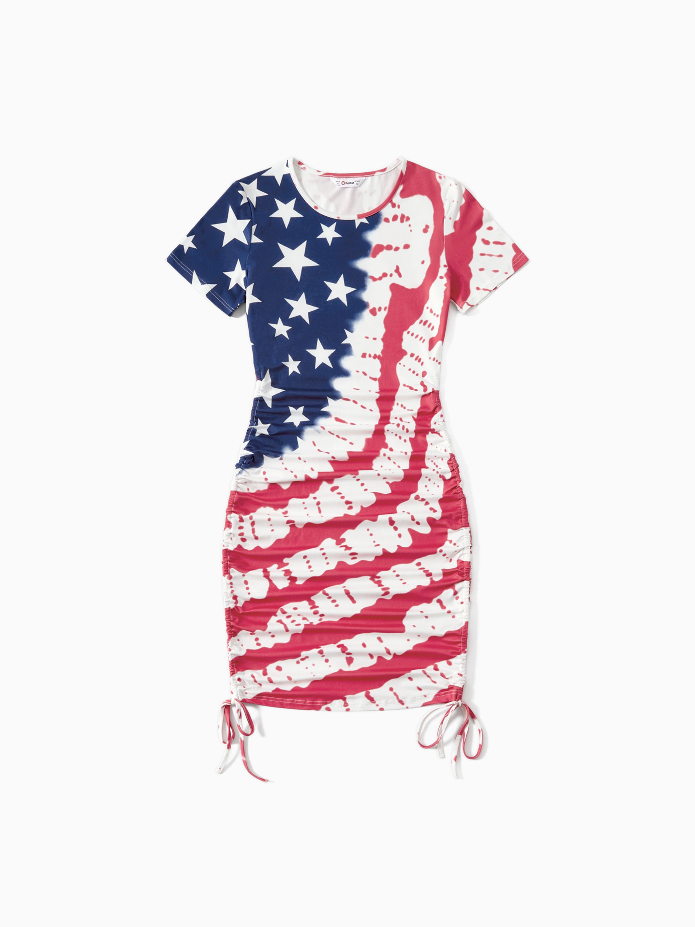 

Independence Day Family Matching Allover Print Short-sleeve Drawstring Ruched Bodycon Dresses and T-shirts Sets
