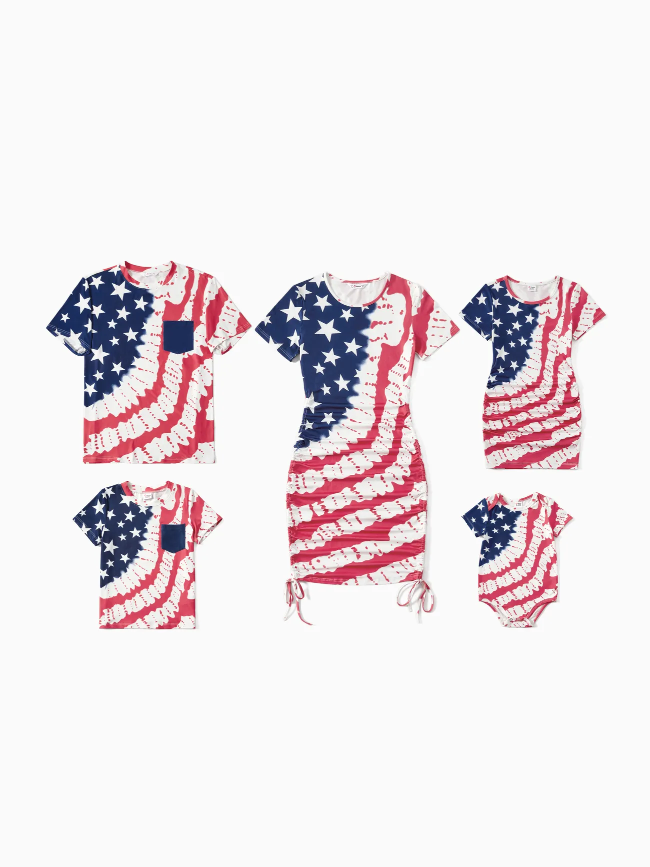 Independence Day Family Matching Allover Print Short-sleeve Drawstring Ruched Bodycon Dresses and T-shirts Sets Colorful big image 1