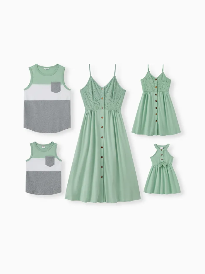 家庭配色拼色背心和綠色紐扣蕾絲上衣帶連衣裙套裝