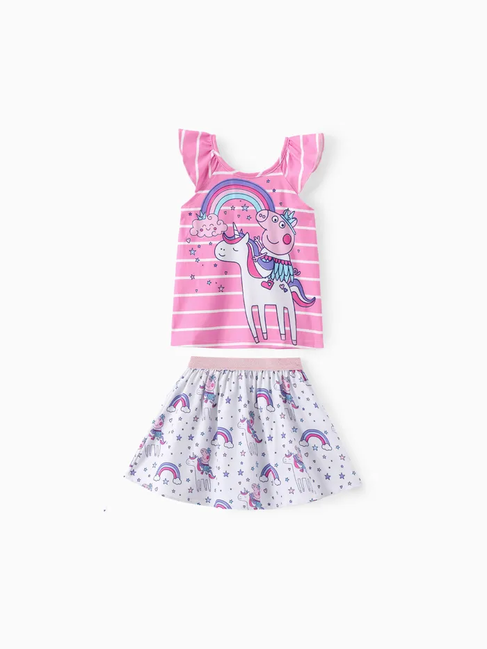 Peppa Pig 蹣跚學步的女孩 2 件獨角獸/彩虹/仙女角色印花飄袖上衣帶裙子套裝