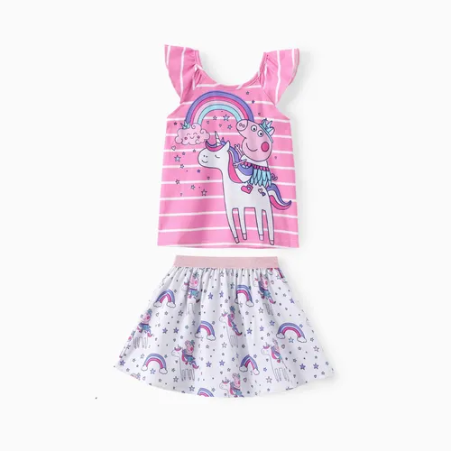 Peppa Pig 蹣跚學步的女孩 2 件獨角獸/彩虹/仙女角色印花飄袖上衣帶裙子套裝