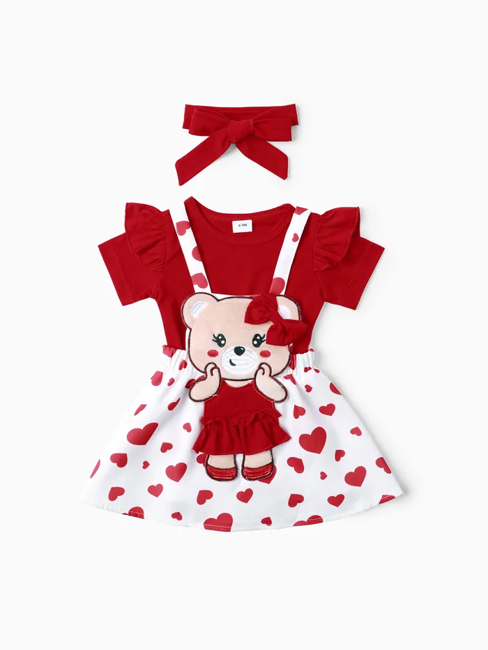 Baby Mädchen 3pcs Solid Strampler und Bär Stickerei Overall Kleid mit Stirnband Set
