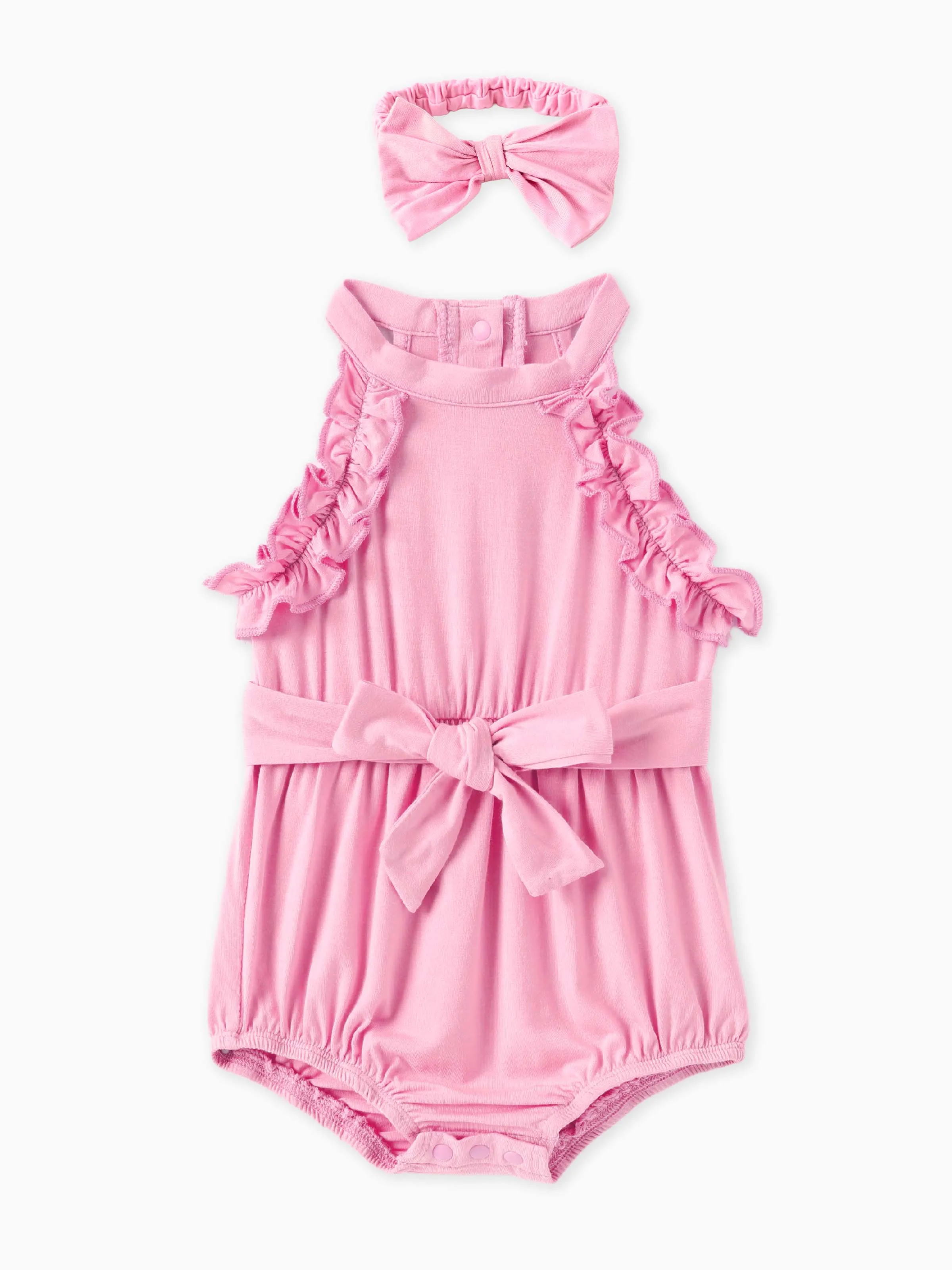 

Baby Girl Solid Ruffled Romper with Headband