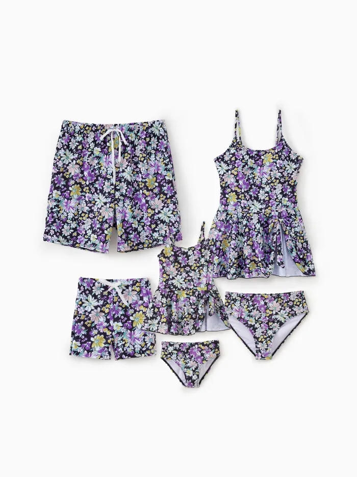 Family Matching Swimsuit Ditsy Floral Drawstring Swim Trunks or Bow Side Strap Tankini