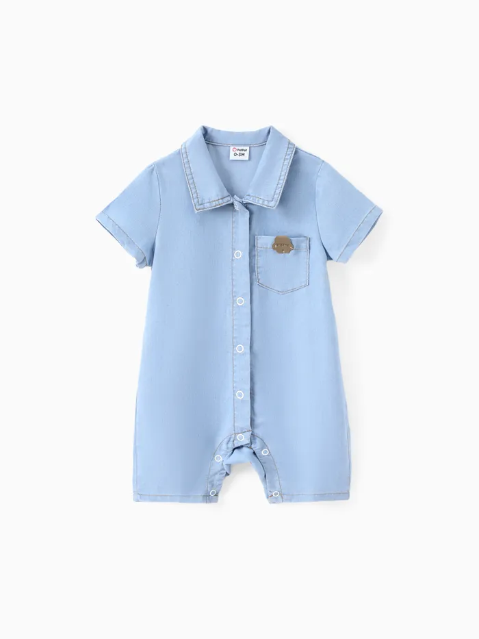 Baby Boy Resfriamento Denim Lapela Collar Button Design Sólido / Floral Romper Estampa