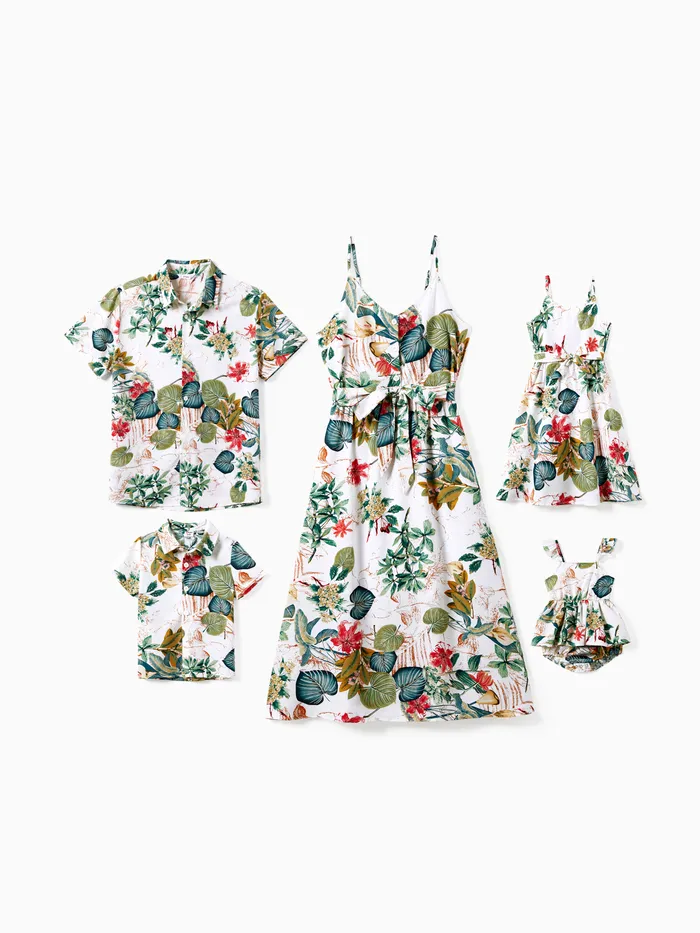 Família combinando camisa de praia e floral botão dianteiro conjuntos de vestido