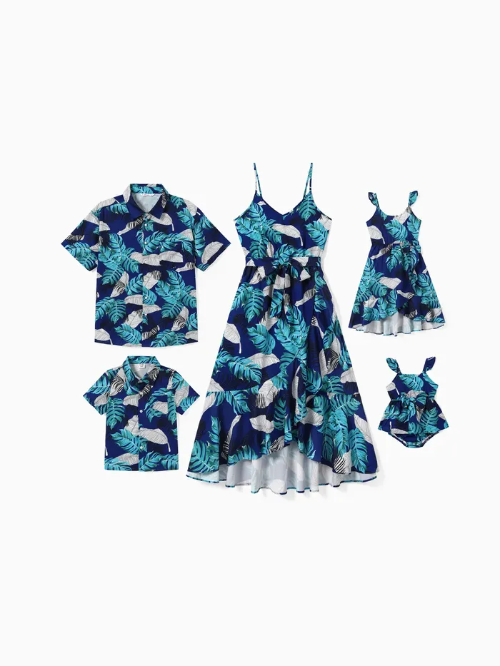 Conjunto familiar de vestido con tirantes cruzados con estampado de plumas y hojas y camisa de playa