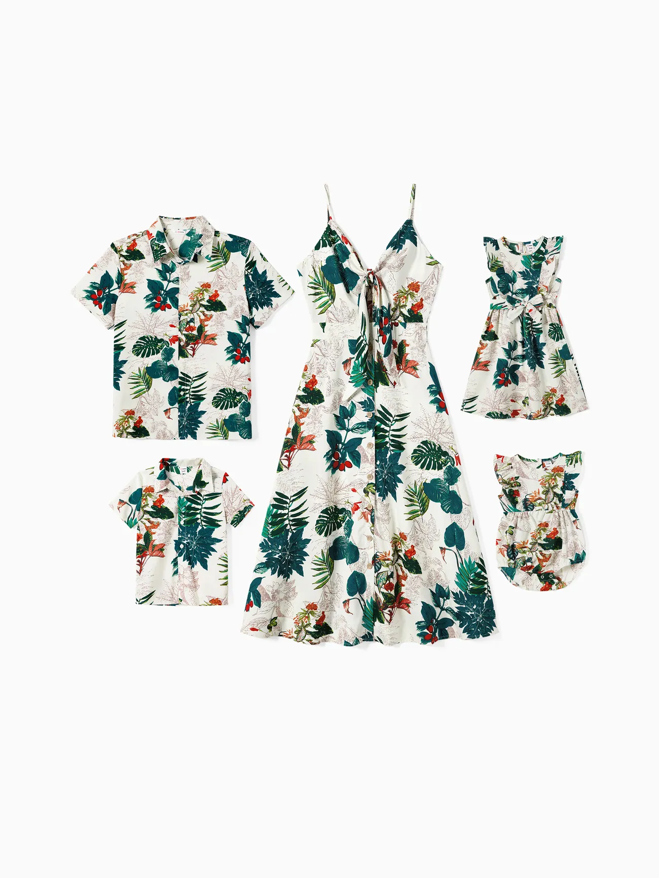 Family Matching Allover Plant Floral Print Dresses and Short-sleeve Shirts Sets Green big image 1