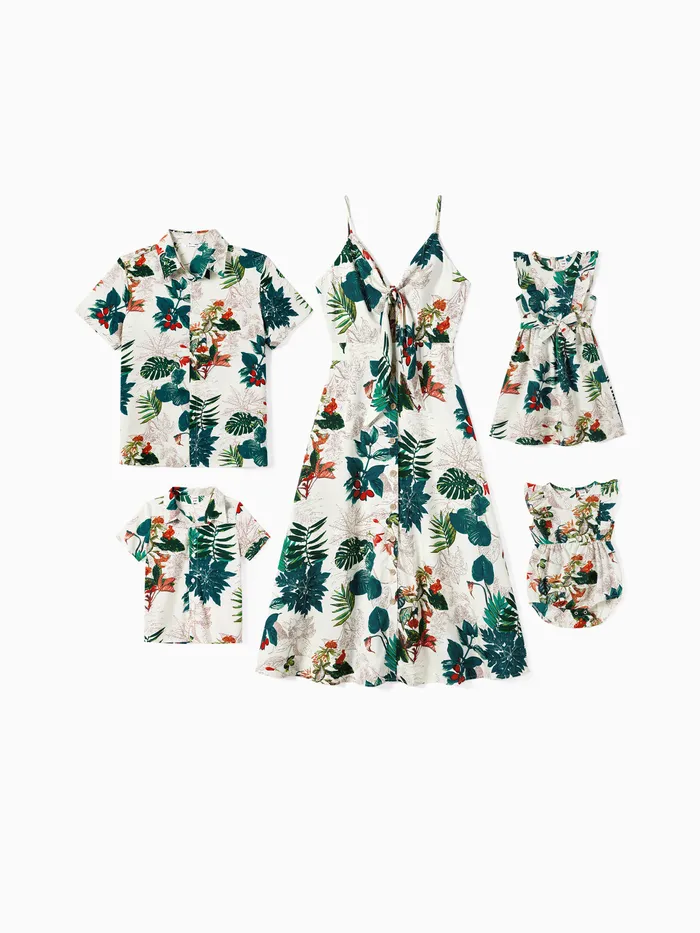 Family Matching Allover Plant Floral Print Dresses and Short-sleeve Shirts Sets