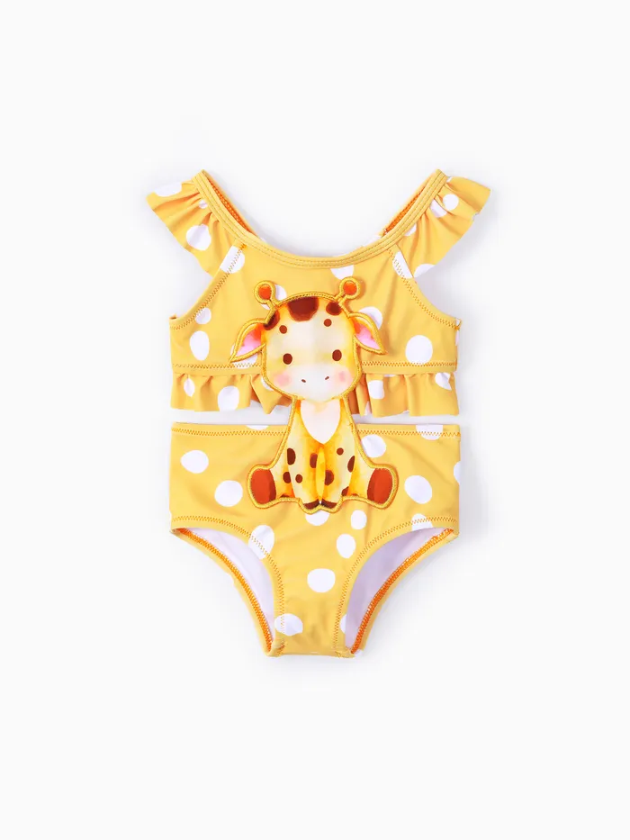 Baby Girl Giraffe Embroidery Ruffled Swimsuit