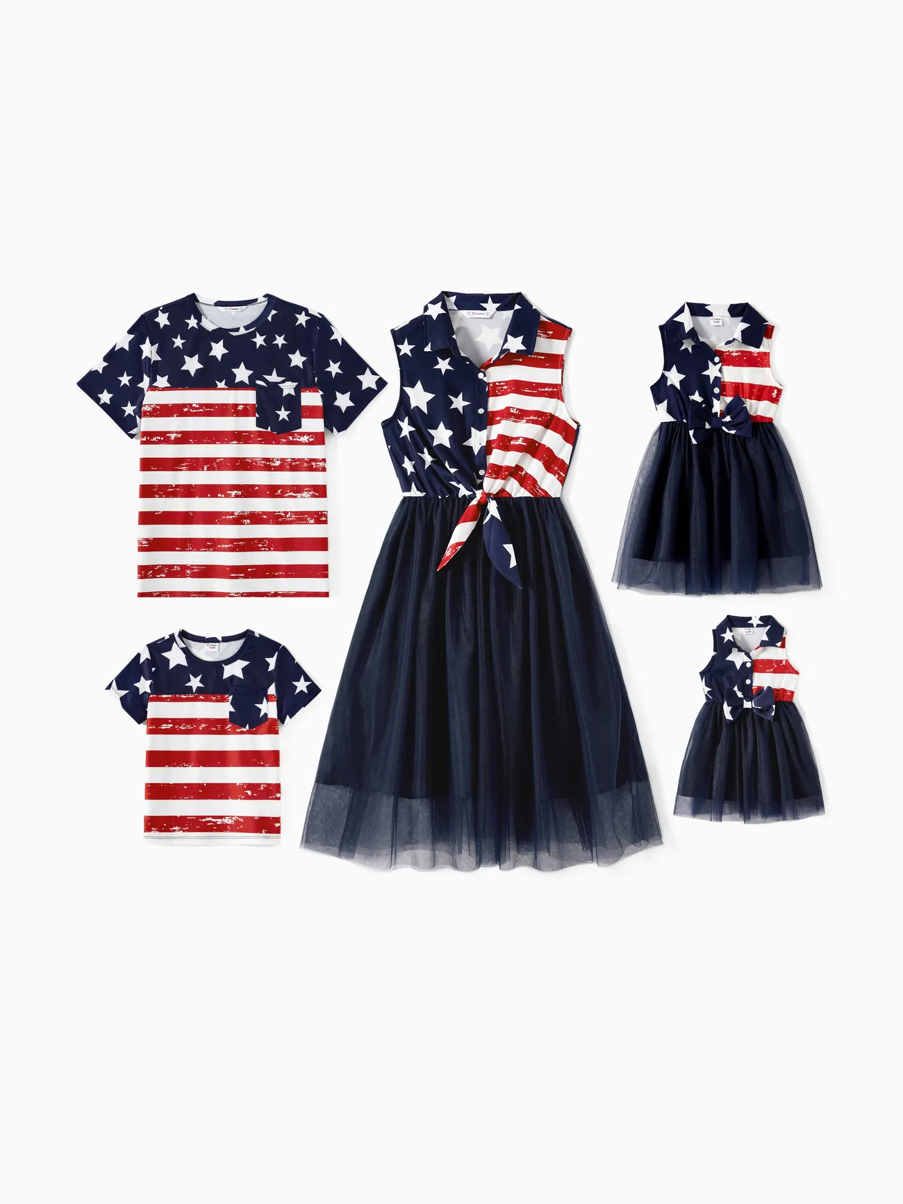Independence Day Family Matching Stars & Striped Print Spliced Mesh Tank Dresses and Short-sleeve T-shirts Sets ColorBlock big image 1