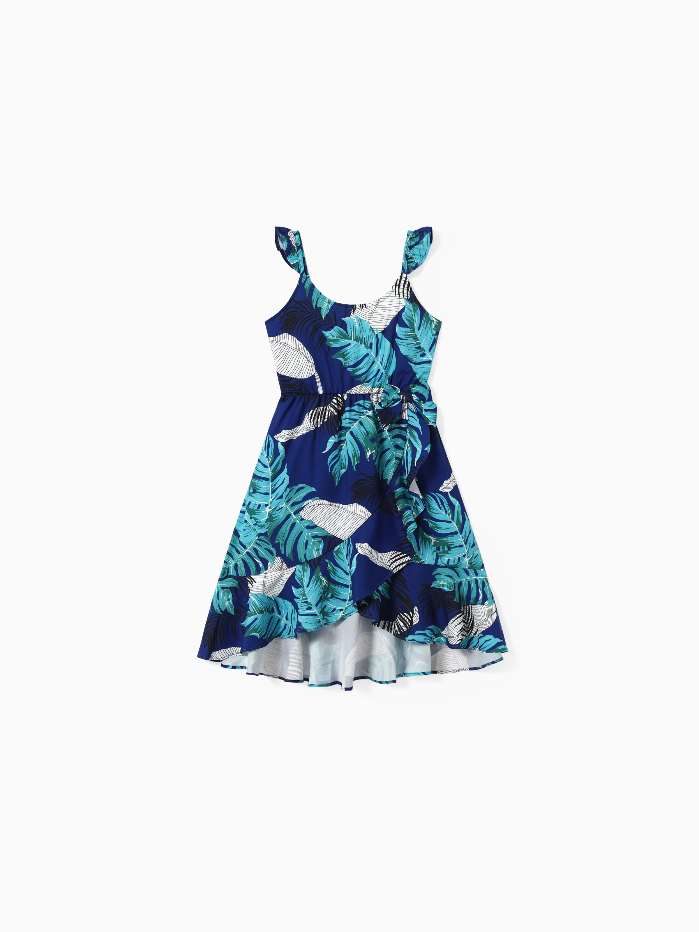 

Family Matching Feather and Leaf Pattern Wrap Strap Dress and Beach Shirt Sets
