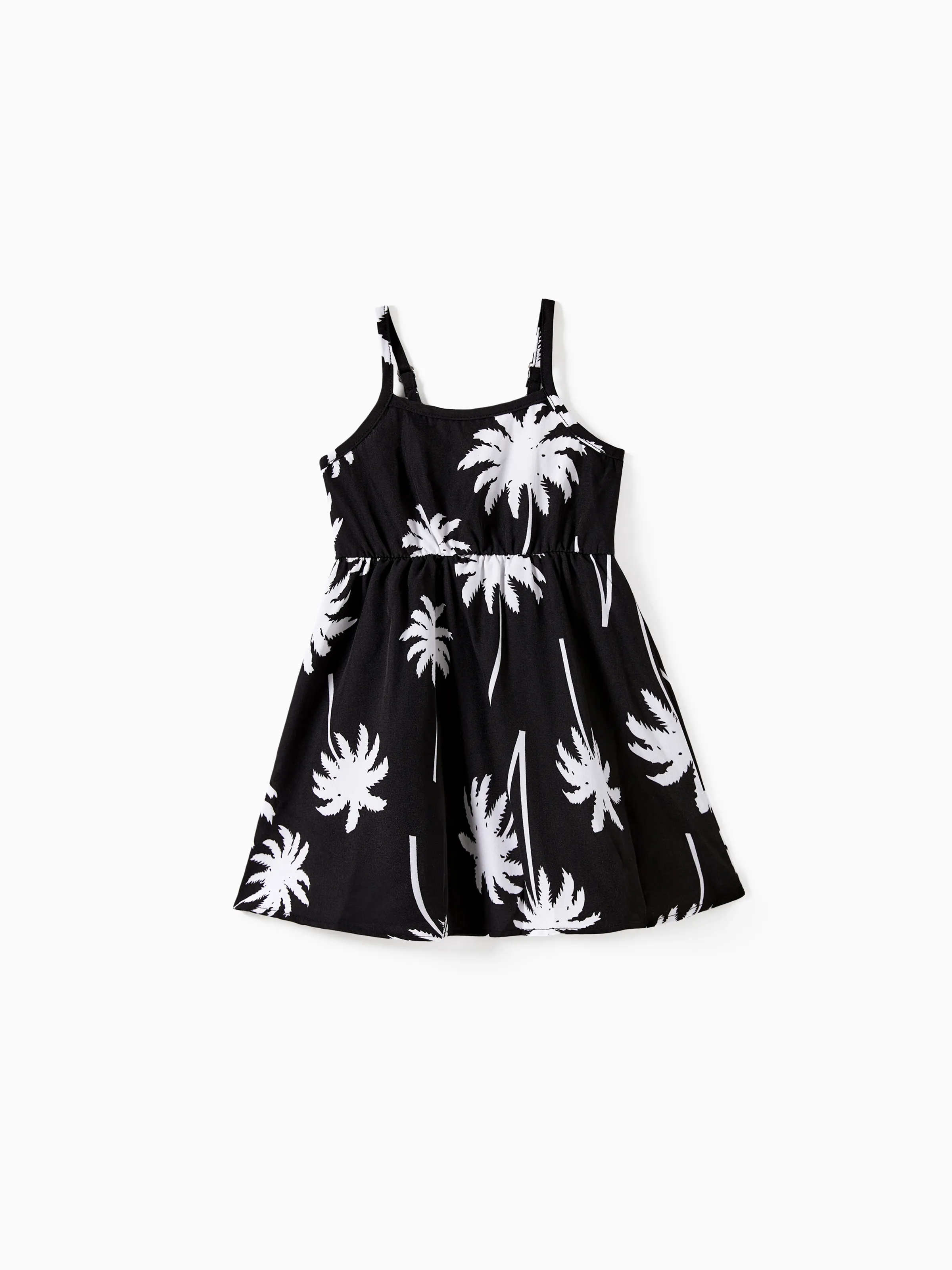 

Family Matching Sets Black Coconut Tree Pattern Beach Shirt and Belted Strap Midi Dress