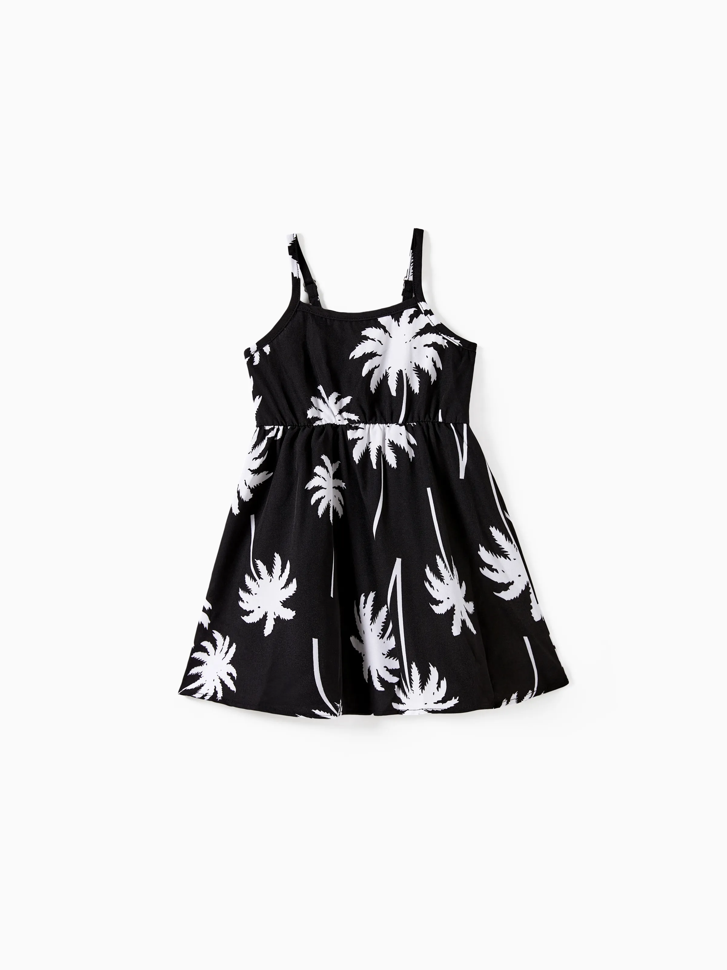 Family Matching Sets Black Coconut Tree Pattern Beach Shirt And Belted Strap Midi Dress