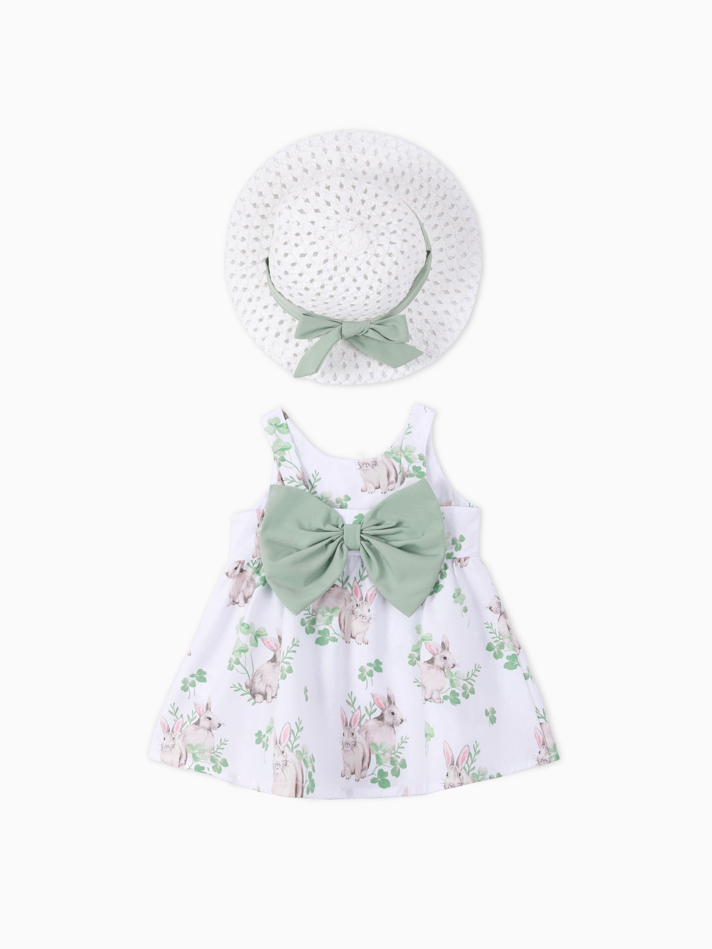 100% Cotton 2pcs Baby Girl All Over Colorful Floral Print Sleeveless Bowknot Dress with Hat Set