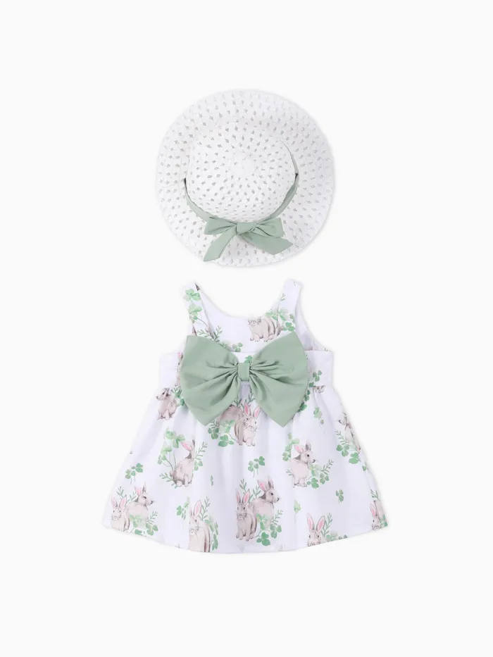 女嬰 2 件花卉印花連衣裙帶帽子
