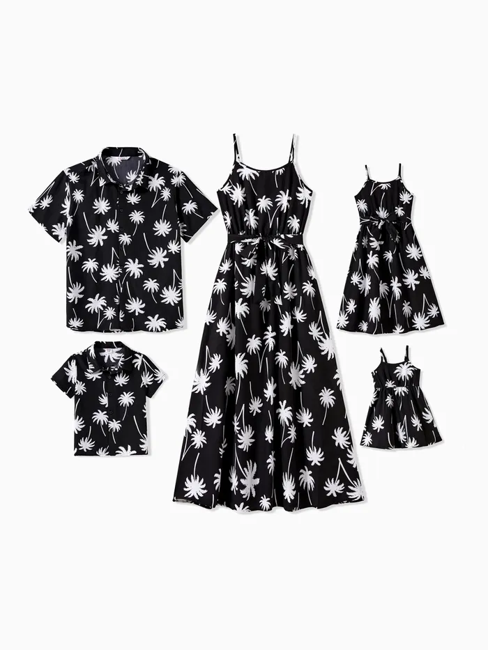Family Matching Sets Black Coconut Tree Pattern Beach Shirt and Belted Strap Midi Dress 