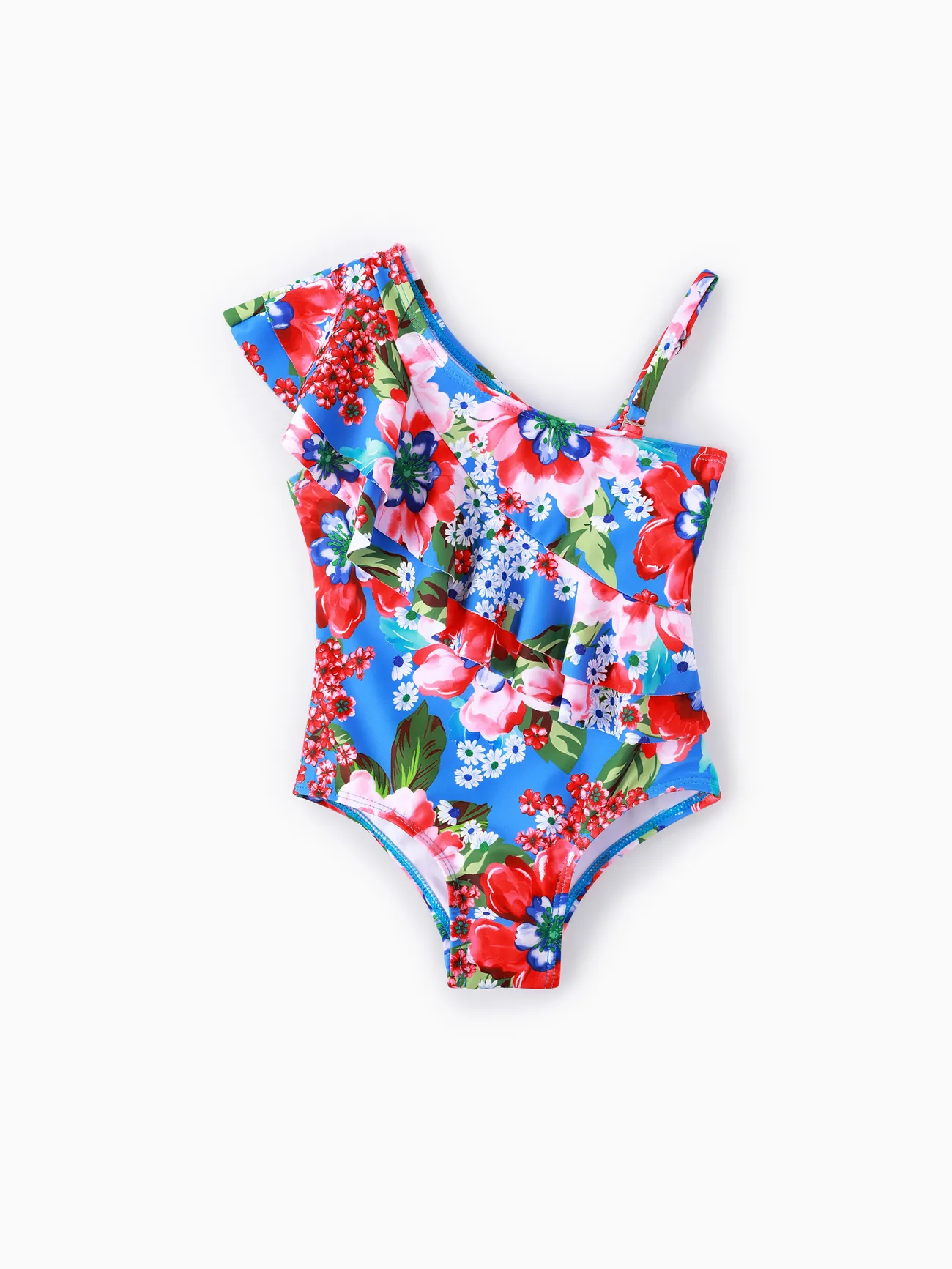 Toddler Girl Floral Print One Shoulder Ruffled Swimsuit Blue big image 1