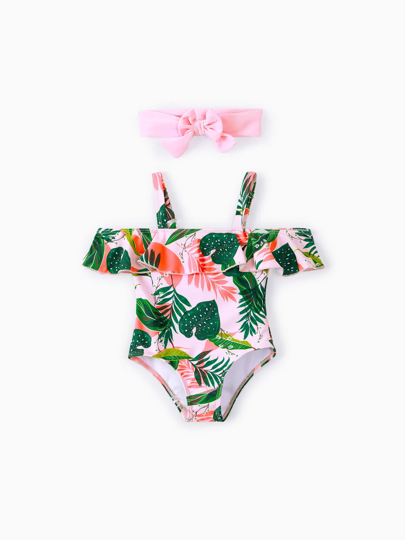Toddler Girl 2pcs Floral Print Ruffled Swimsuit with Headband Green big image 1