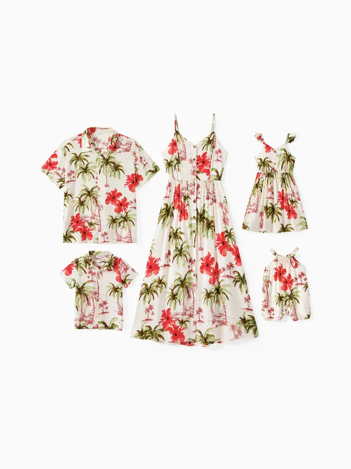 Familienpassendes tropisches Strandhemd mit Blumenmuster und Knopfriemen-Midikleid-Sets