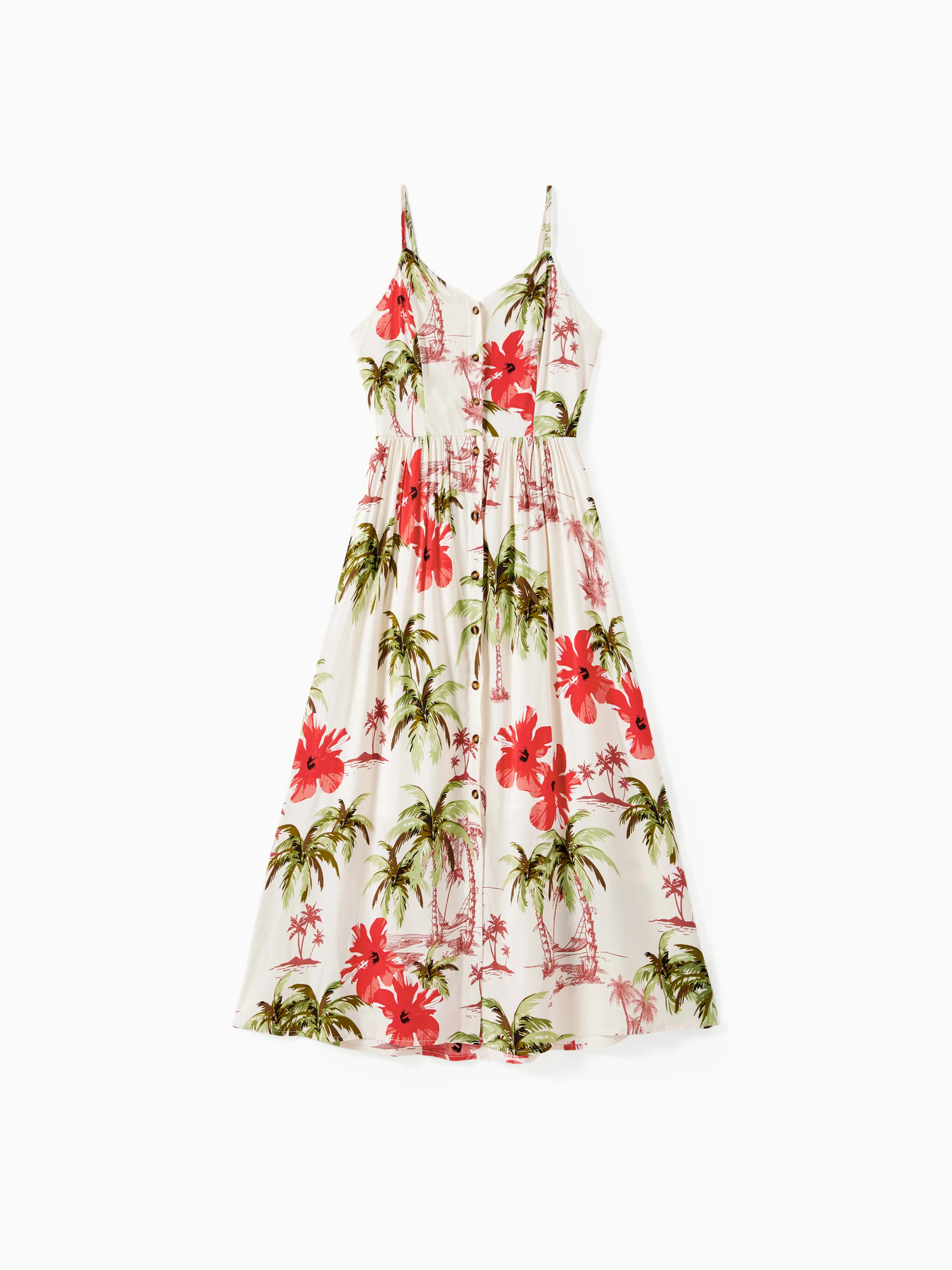 

Family Matching Tropical Floral Beach Shirt and Button Strap Midi Dress Sets