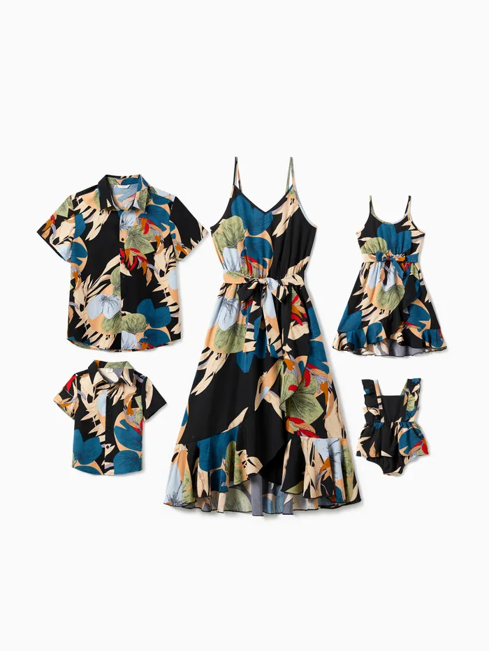 Family Matching Beach Shirt and Floral Chiffon Wrap Bottom Strap Dress Sets