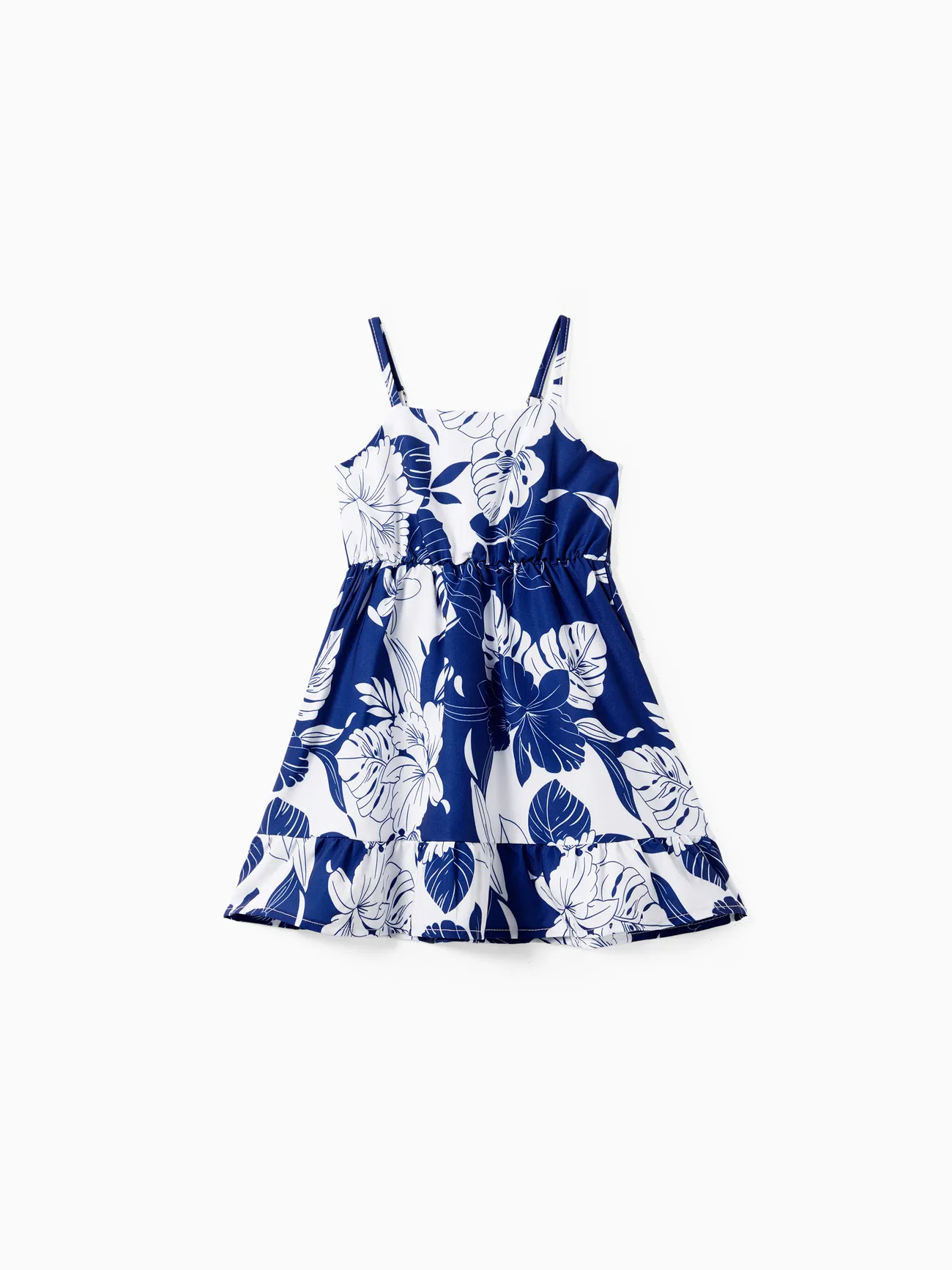 Family Matching Floral Beach Shirt and A-Line Ruffle Hem Strap Dress Sets royalblue big image 1