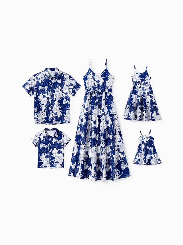 Family Matching Floral Beach Shirt and A-Line Ruffle Hem Strap Dress Sets