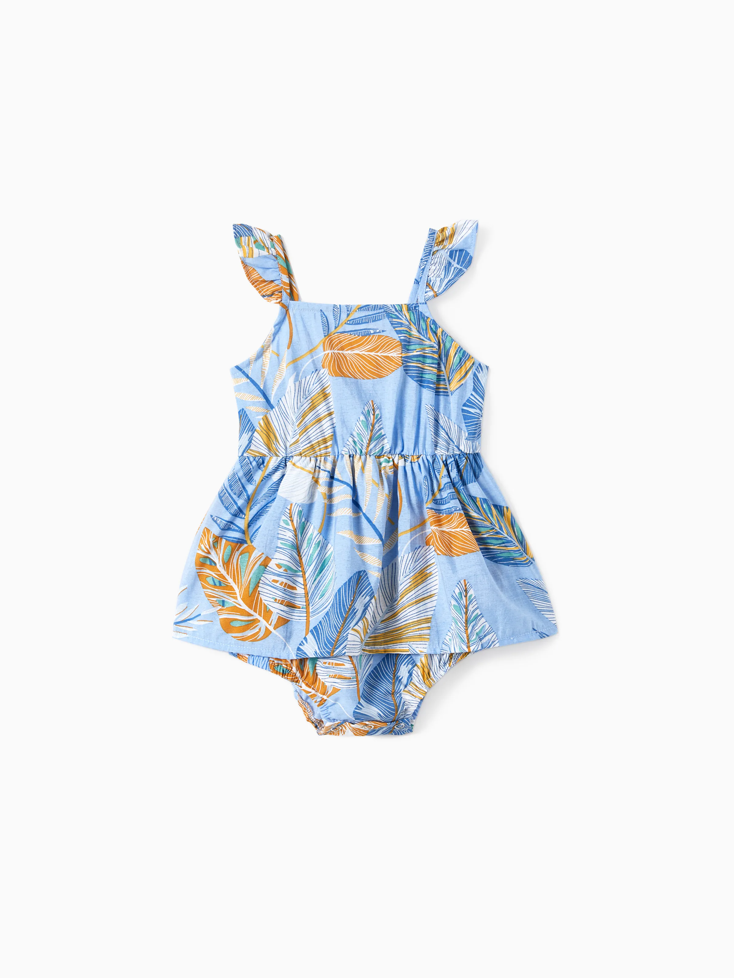 

Family Matching Tropical Floral Beach Shirt and Leaf Pattern Button Up Strap Dress Sets