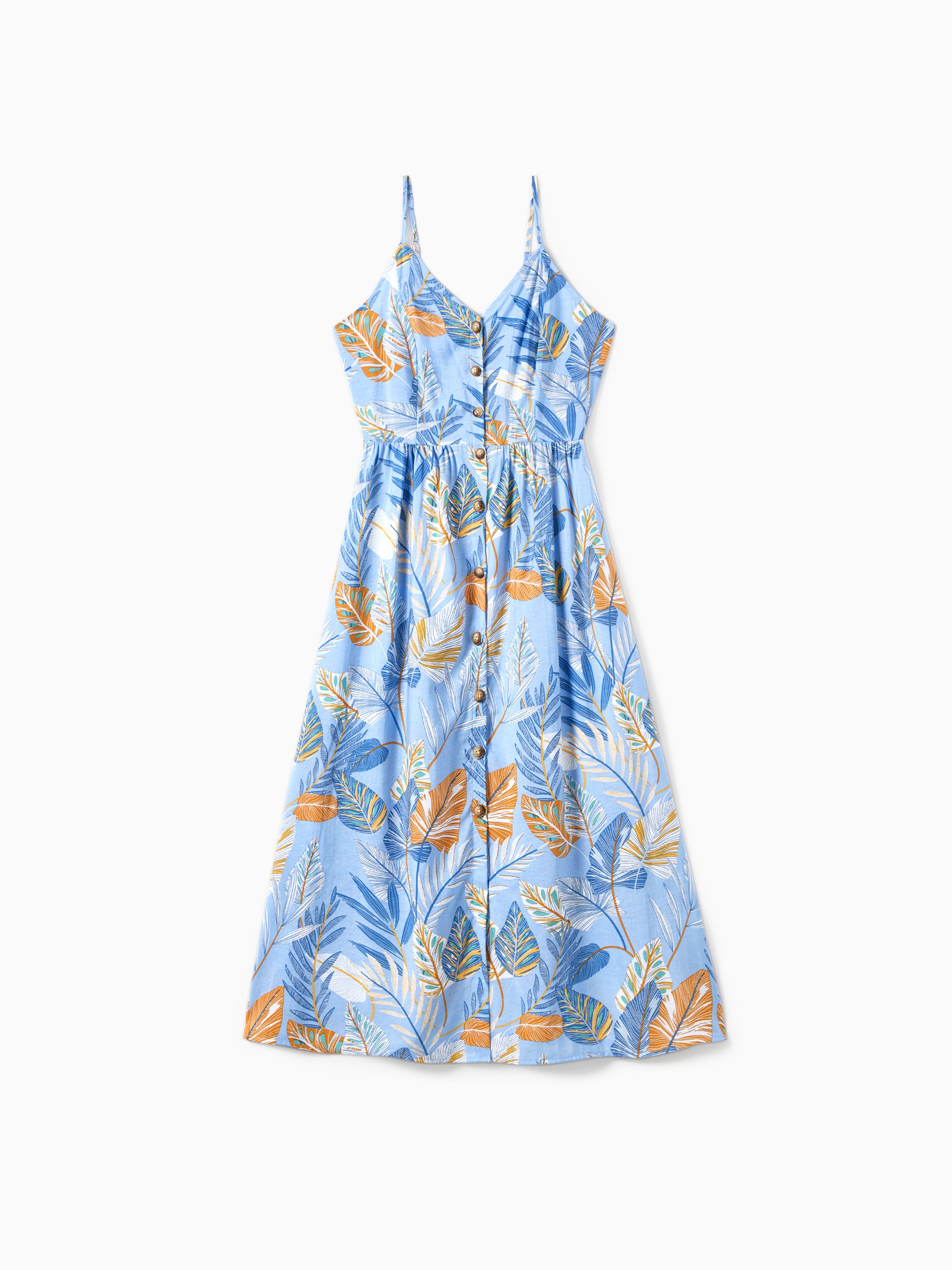 

Family Matching Tropical Floral Beach Shirt and Leaf Pattern Button Up Strap Dress Sets