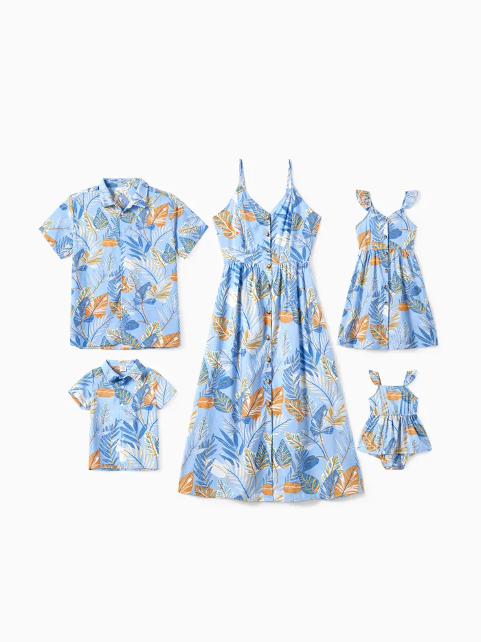 Family Matching Tropical Floral Beach Shirt and Leaf Pattern Button Up Strap Dress Sets