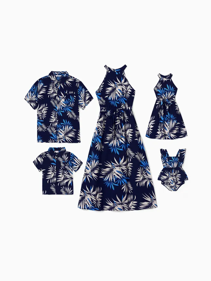 Familien-Sets aus passendem Strandhemd mit Blattdruck und hochgeschlossenem Neckholder-A-Linien-Maxikleid