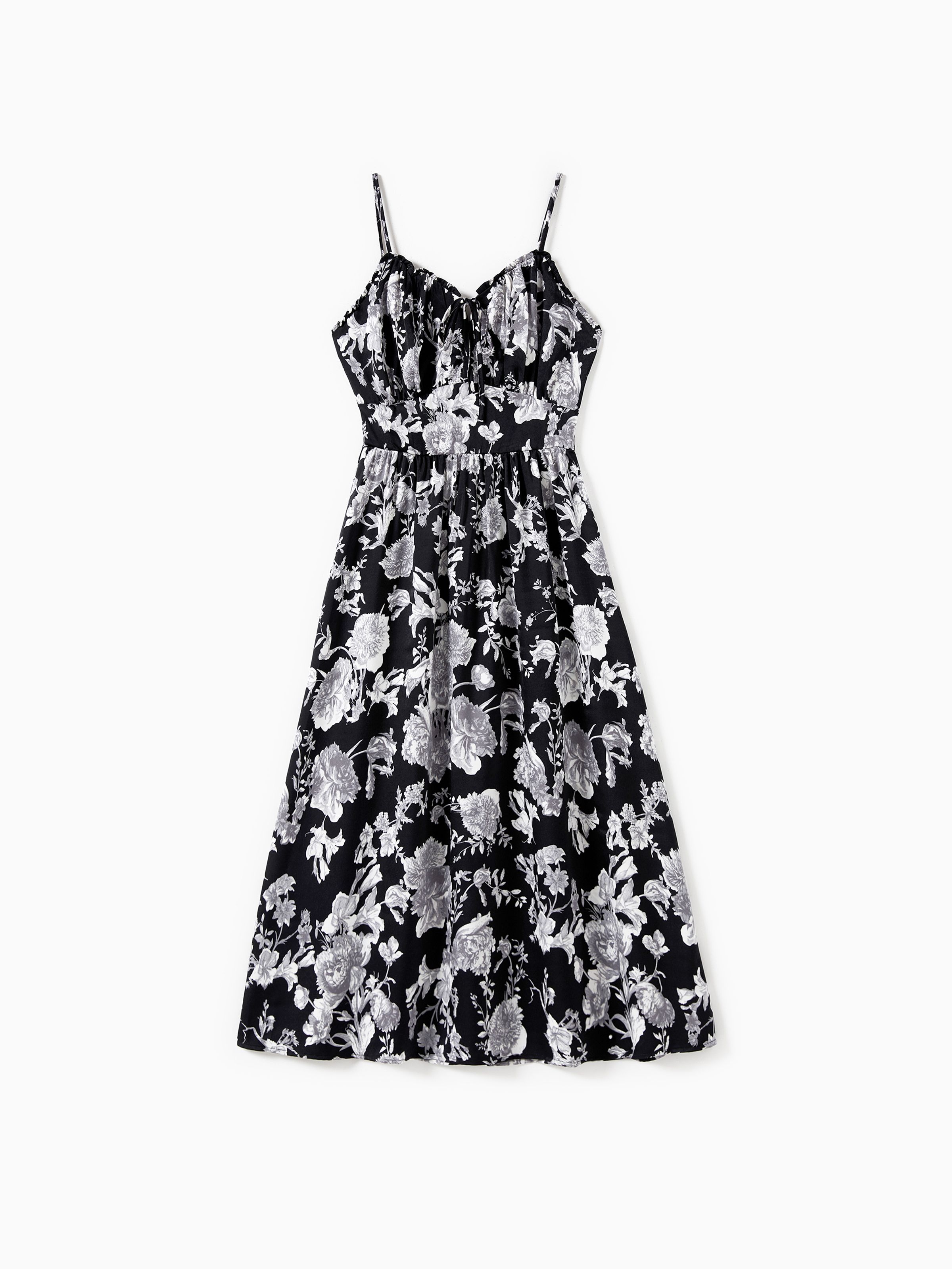 

Mommy and Me Black Floral Tie Neck Ruched Bust Sateen Slip Dress