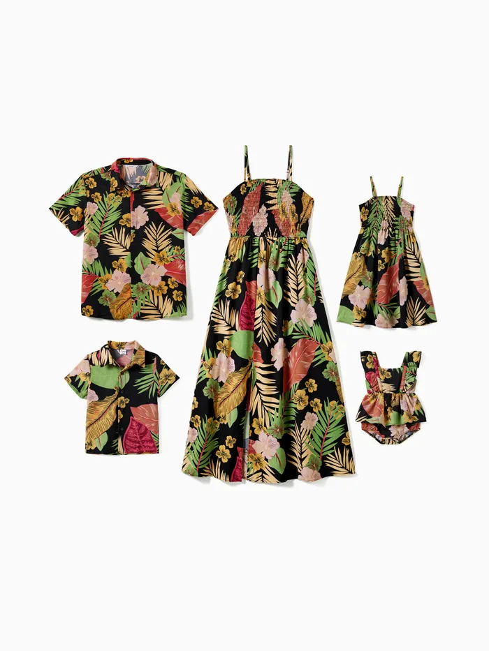 Family Matching Floral Beach Shirt and Split Hem Shirred Strap Dress Sets