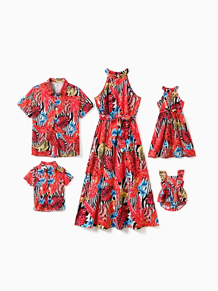 Family Matching Red Leaf Print Zebra Stripe Beach Shirt and High Neck Halter Belted Dress Sets