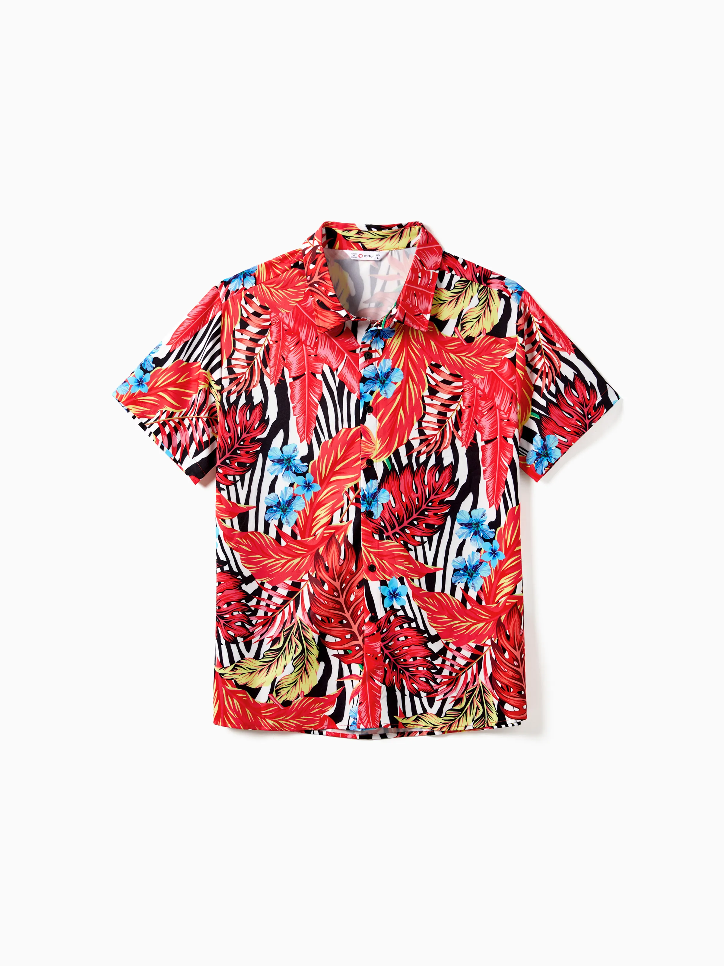 

Family Matching Red Leaf Print Zebra Stripe Beach Shirt and High Neck Halter Belted Dress Sets