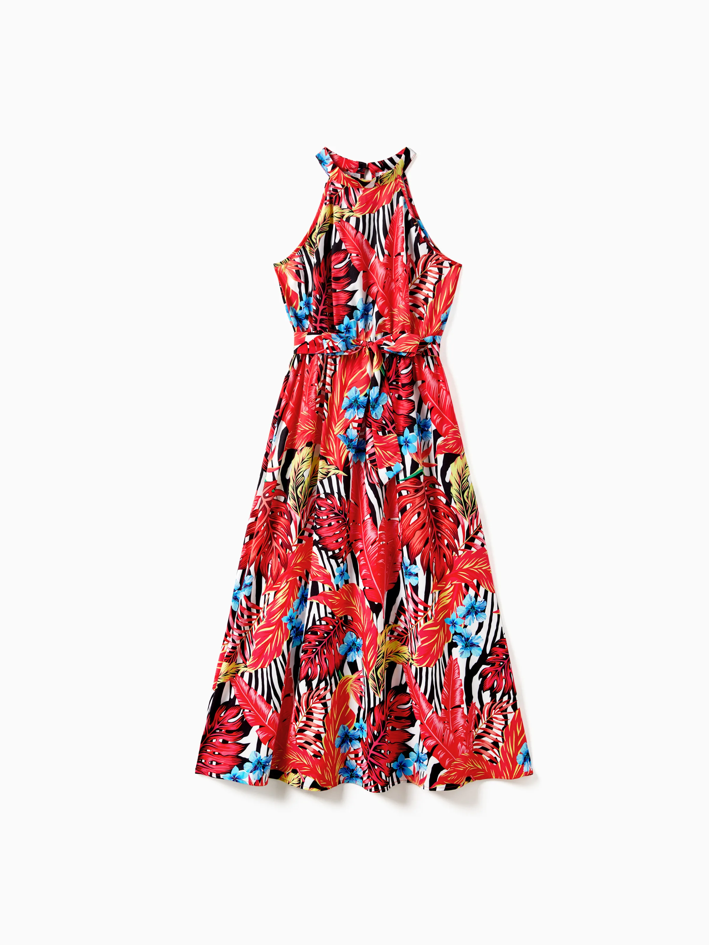 

Family Matching Red Leaf Print Zebra Stripe Beach Shirt and High Neck Halter Belted Dress Sets