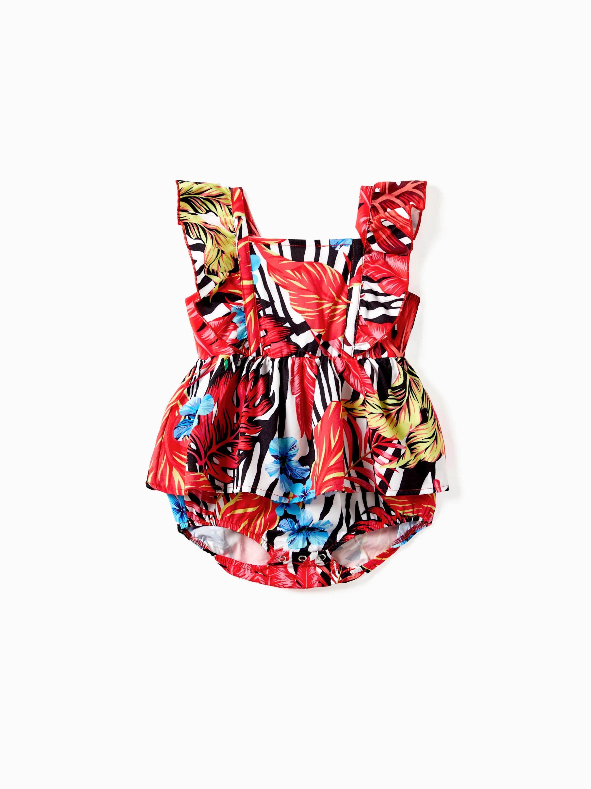 

Family Matching Red Leaf Print Zebra Stripe Beach Shirt and High Neck Halter Belted Dress Sets