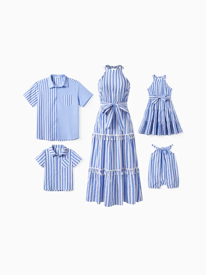 Famiglia Matching Stripe Shirt e Collo Alto Halter Tiered Tassel Trim Dress Set