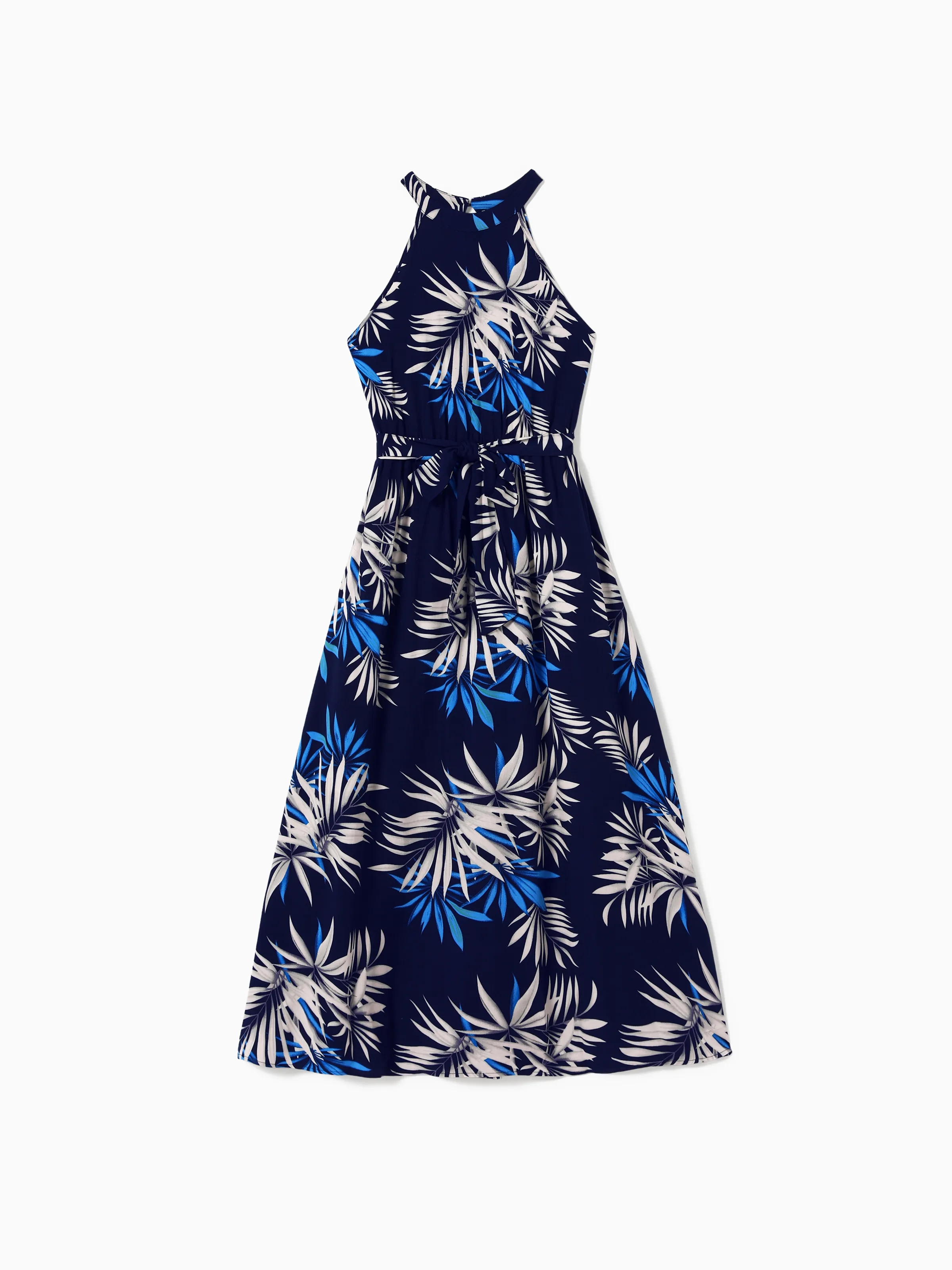 

Family Matching Leaf Print Beach Shirt and High Neck Halter A-Line Maxi Dress Sets