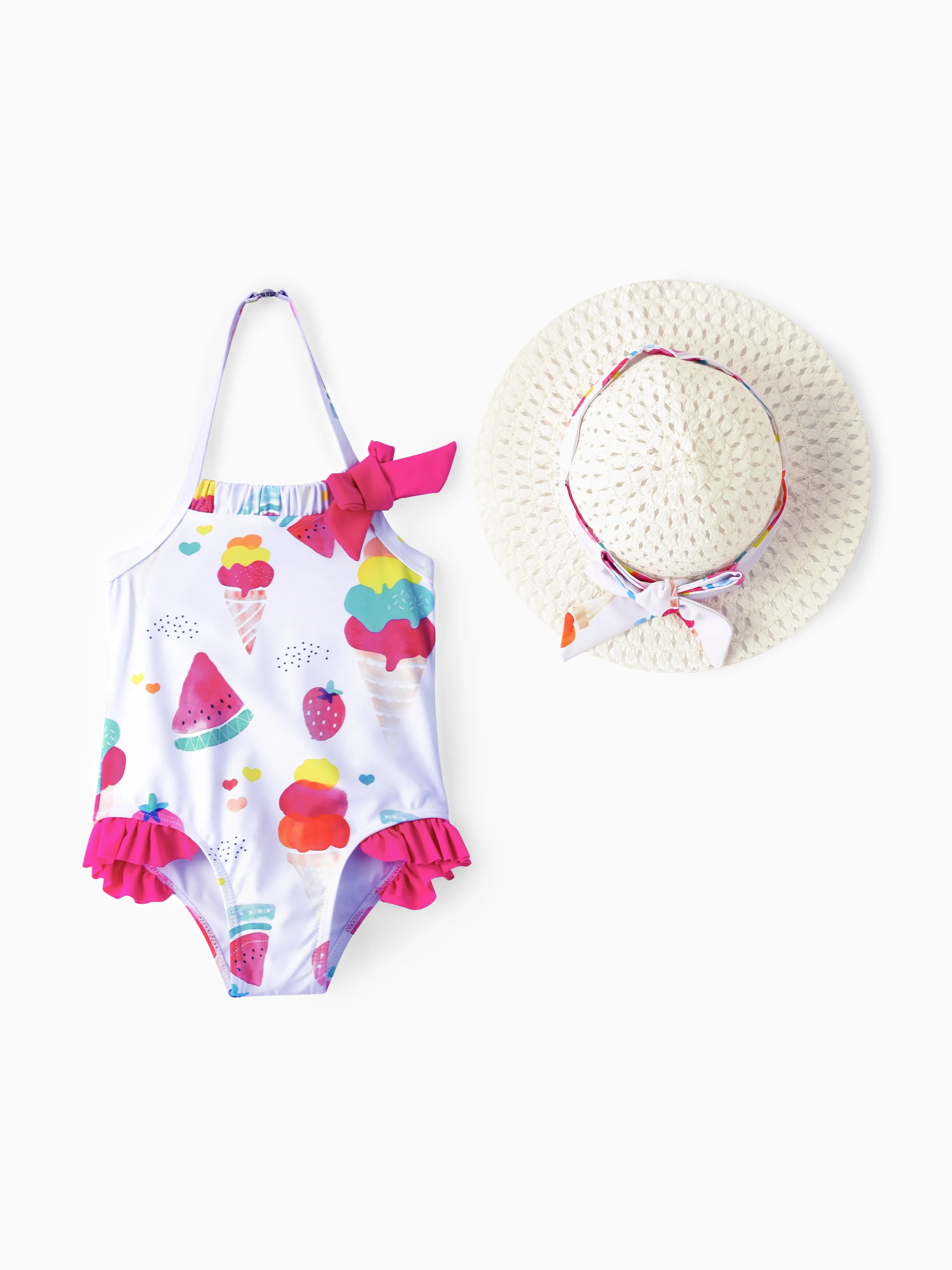 Traje de baño con volantes halter con estampado de alimentos para niña pequeña con sombrero