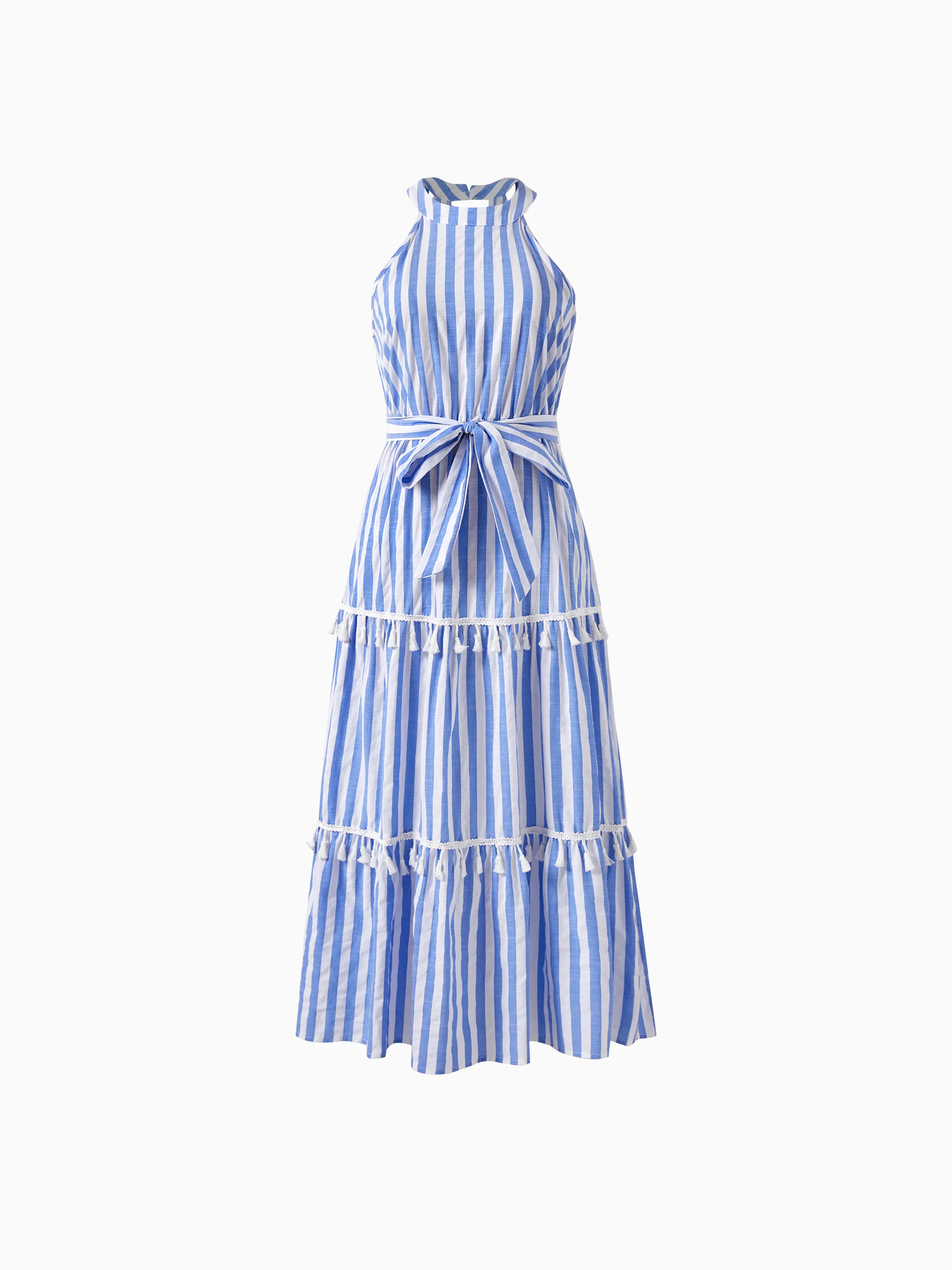 

Family Matching Stripe Shirt and High Neck Halter Tiered Tassel Trim Dress Sets