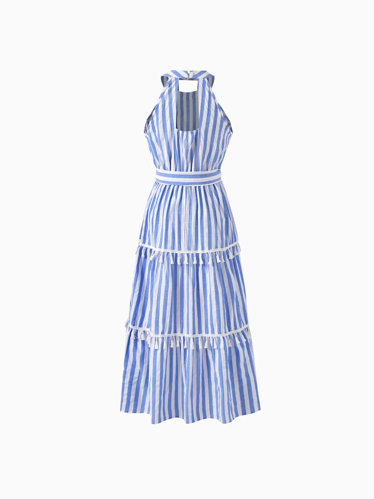 Women - Family Matching Stripe Shirt and High Neck Halter Tiered Tassel Trim Dress Sets - Blue - image 4