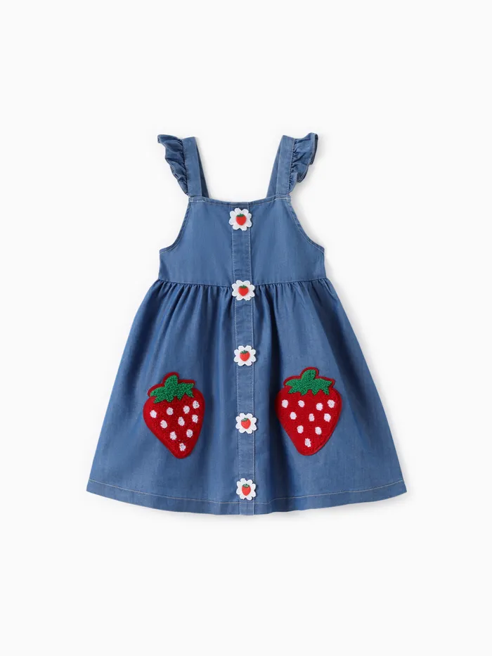 Kleinkind Mädchen Cooling Denim Erdbeere Stickerei Kleid mit Flatterärmeln
