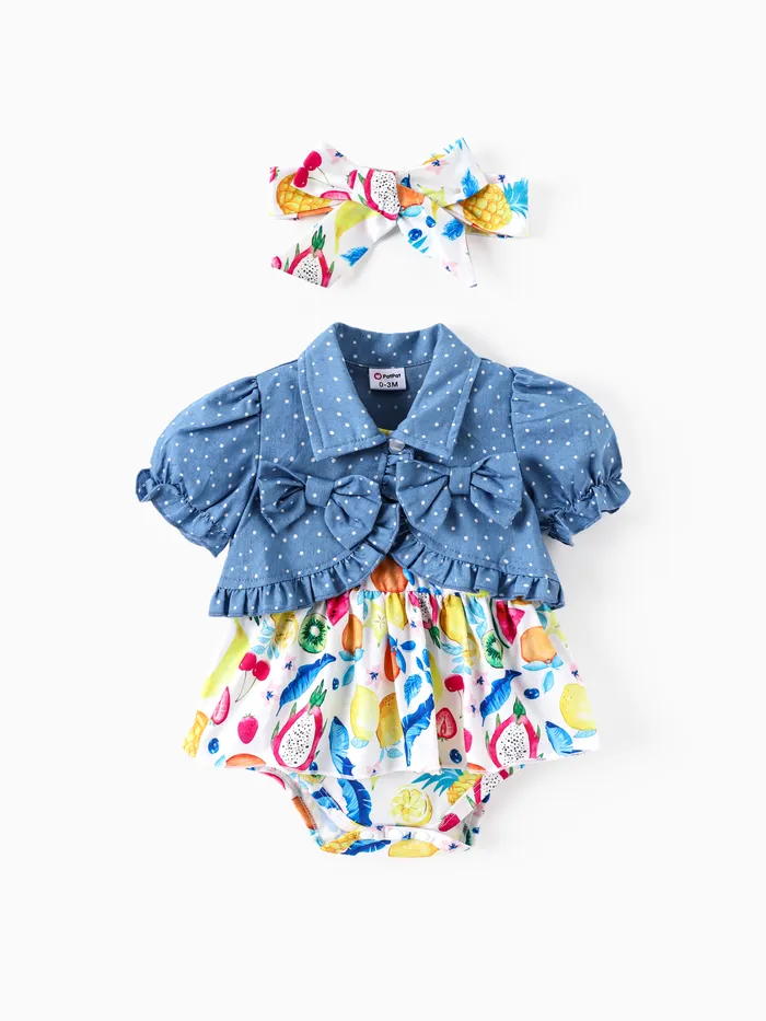 Baby Girl 3pcs Denim Jacket and Fruit Print Romper and Headband Set