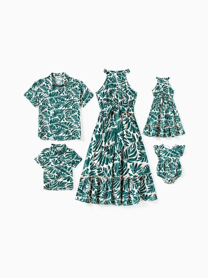 Famiglia Matching Leaf Print Beach Shirt e Collo Alto Halter Belt Maxi Dress Set