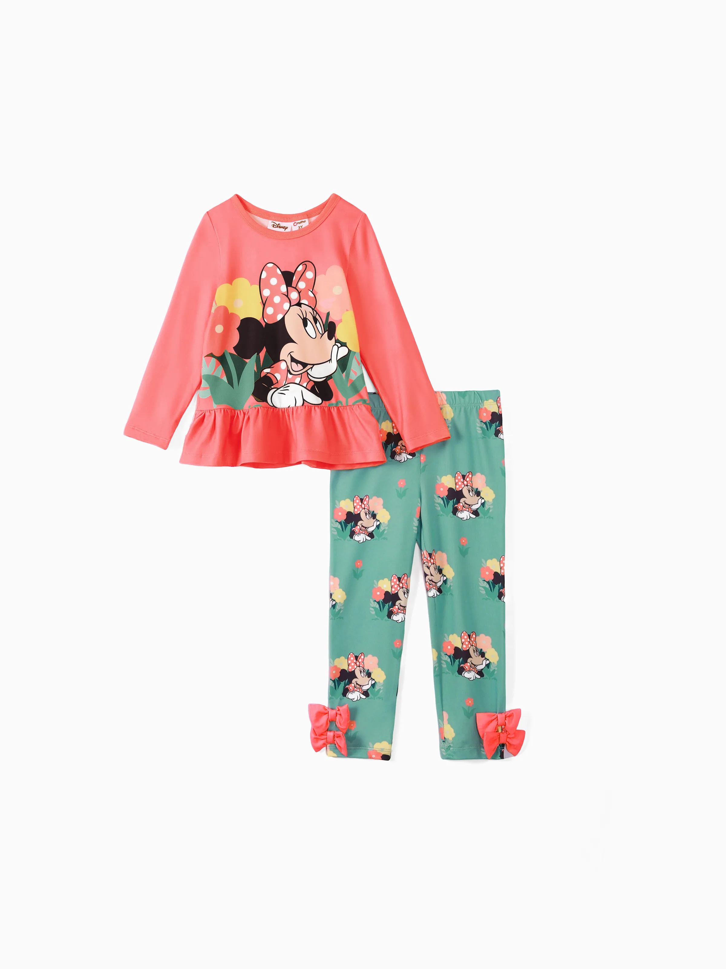 

Disney Mickey and Friends Toddler Girl 2pcs Character Print Peplum Long-sleeve Tee and Bowknot Pants Set