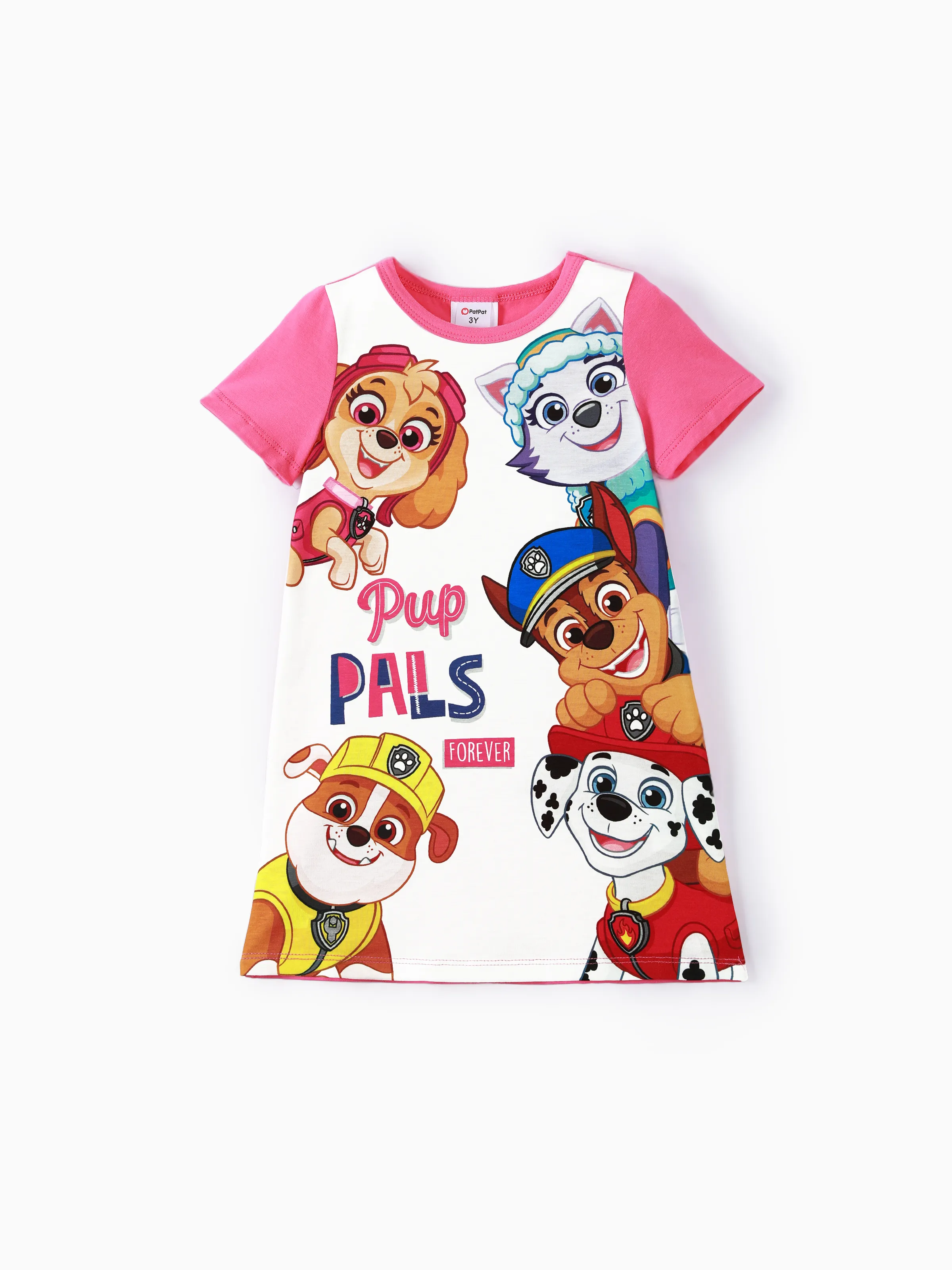 vestido de algodón de manga corta con estampado de letras y bloques de color para niña pequeña de la Patrulla Canina