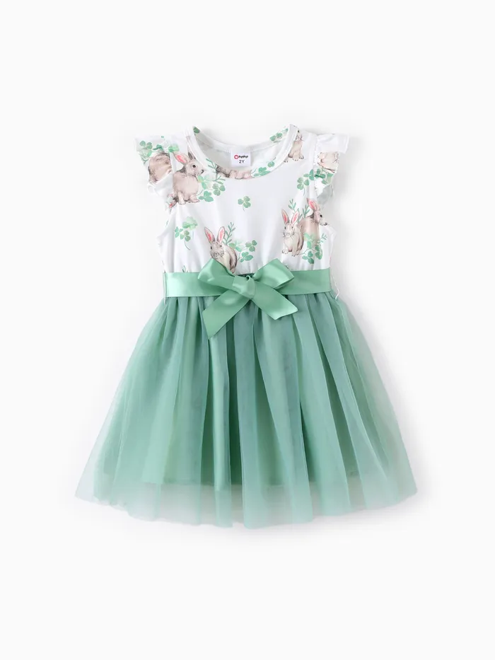 Toddler Girl Rabbit Print Flutter-sleeve Mesh Spliced Dress