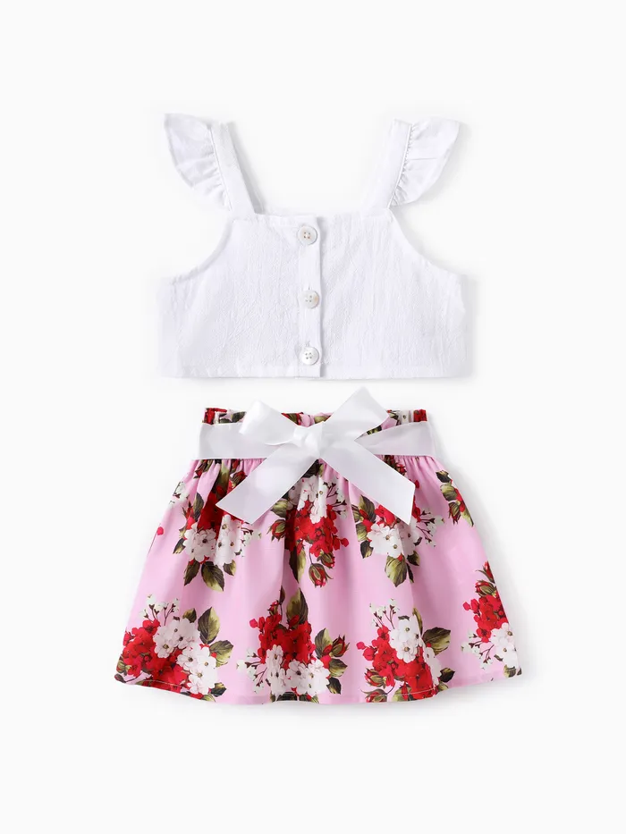 女童甜美花卉裙裝套裝，2件套，混紡棉質，寬鬆款式。